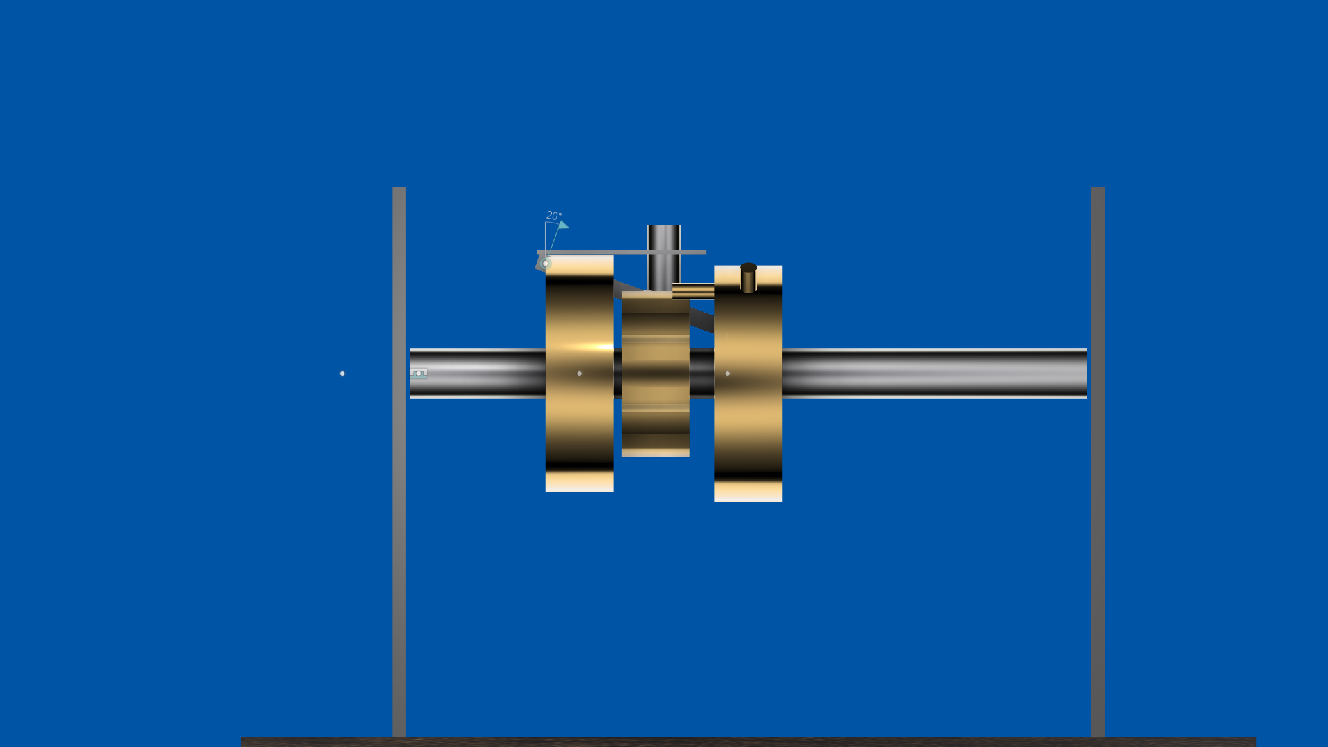 Figure 3 — Frame three of the carry animation, at mid-strike. Both drums are on the single shared shaft with the toothed pinion between them; the sautoir arm is posed at 20 degrees. The angle annotation is th…