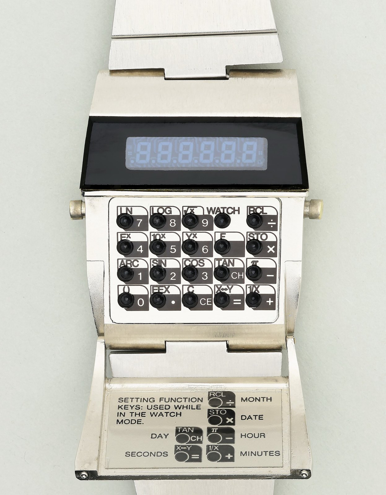 Figure 7 — The National Semiconductor CW-01 scientific calculator watch, with its key cover folded open: an LED calculator for the wrist.