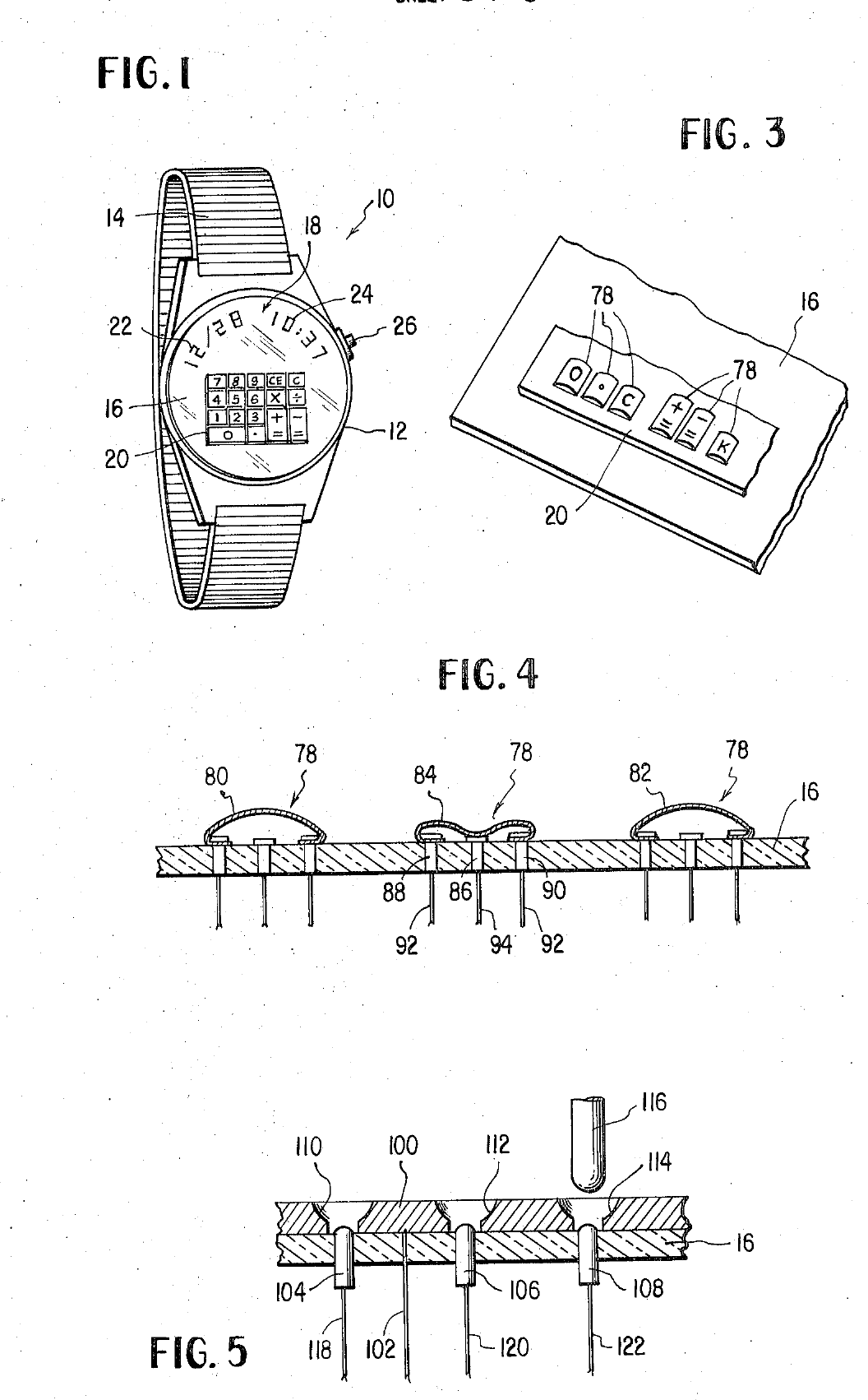 Figure 3 — Time Computer's patent US 3,803,834 (filed 1973): the wristwatch calculator (fig. 1), its keypad module (fig. 3), and two kinds of keys, conductive-plastic buttons (fig. 4) and stylus contacts (fig…