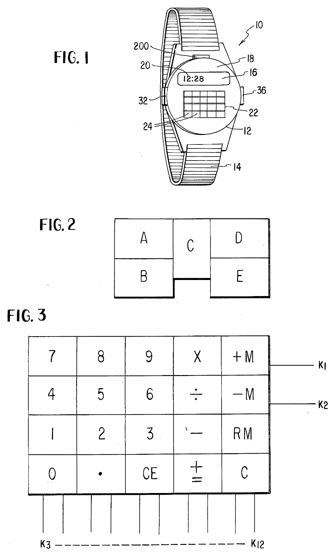 Figure 5 — Time Computer's patent US 3,928,960 (1975): the watch (fig. 1), its display stations (fig. 2) and its twenty-key layout, with memory keys (fig. 3).