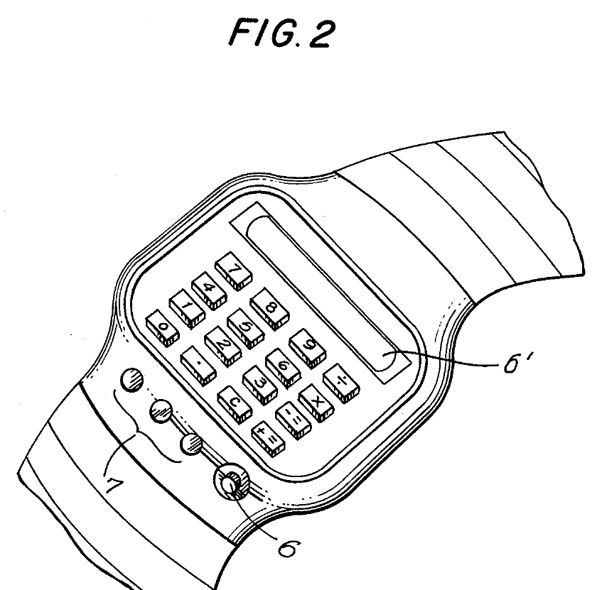 Figure 10 — Seiko's patent US 4,041,295 (priority 1973): a calculator watch with a reduced keyboard and the time-setting buttons doubling as calculator keys.