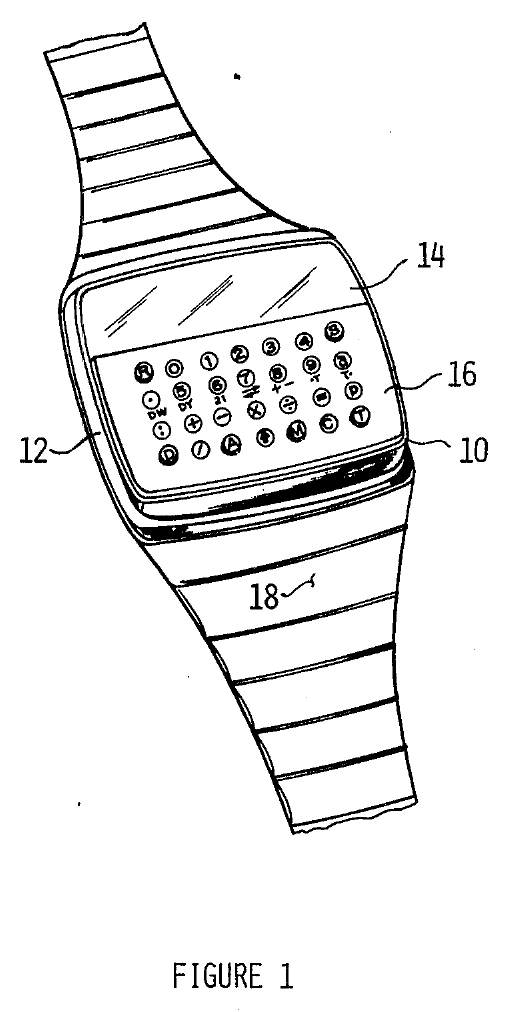Figure 9 — The HP-01 in HP's patent US 4,158,285, "Interactive wristwatch calculator" (filed 1976).