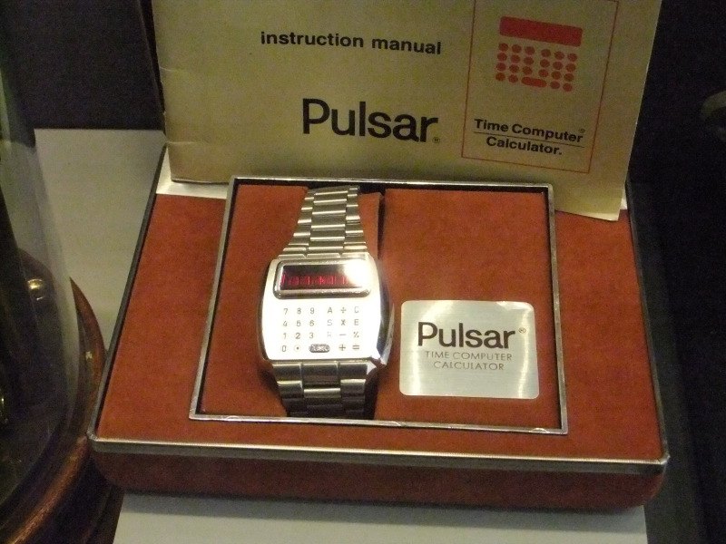 Figure 6 — A Pulsar LED calculator watch in its presentation box with its instruction manual, at World Museum Liverpool.