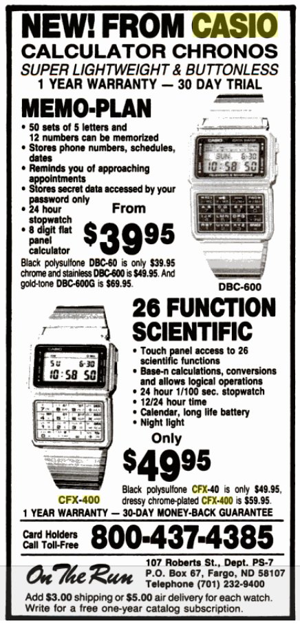 Figure 3 — "New! From Casio": a mail-order advertisement in Popular Science, July 1986, offering the Memo-Plan Data Bank (DBC-60, DBC-600, DBC-600G) from $39.95 and the 26-function scientific (CFX-40, CFX-400…