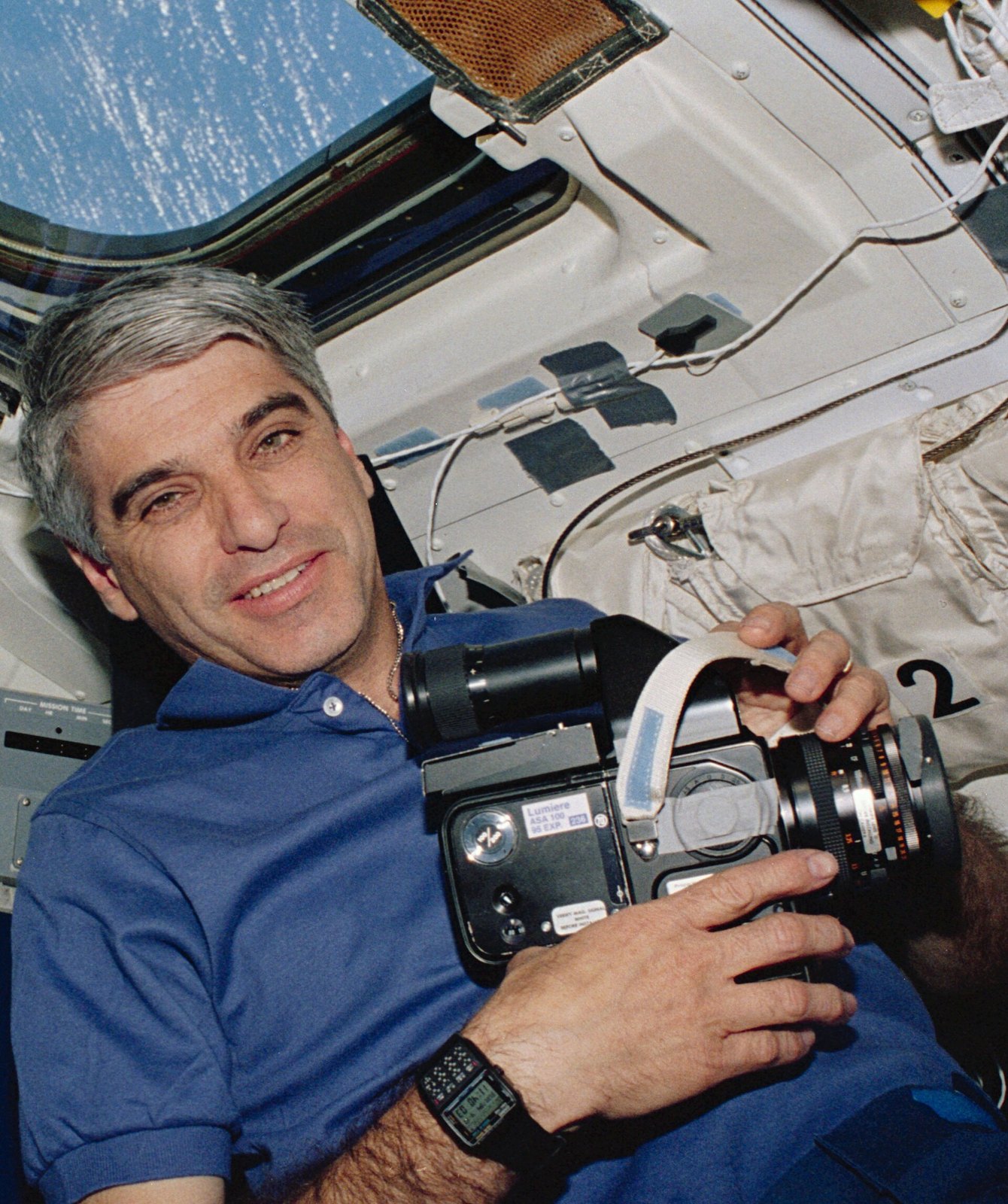 Figure 12 — Commander Sidney Gutierrez aboard the Space Shuttle Endeavour on mission STS-59, 14 April 1994, wearing a Casio Data Bank watch.