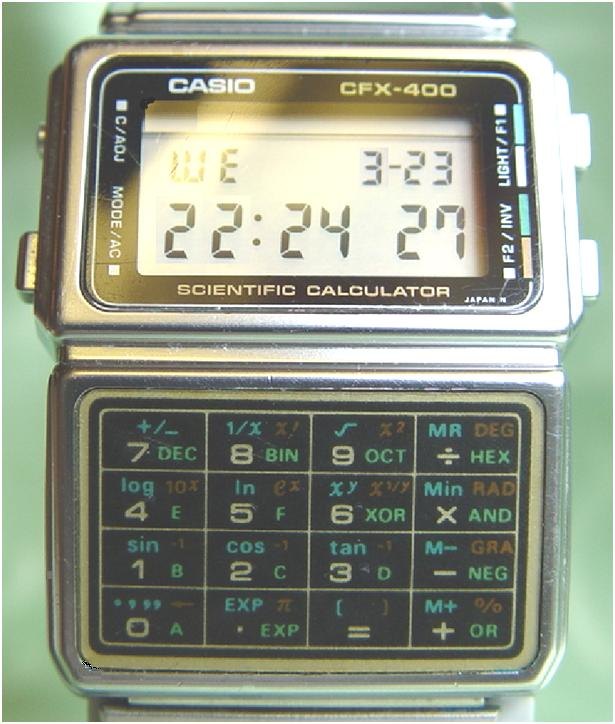 Figure 2 — The Casio CFX-400 scientific calculator watch of the mid-1980s, with sine, cosine, logarithms and base conversions on its keys.