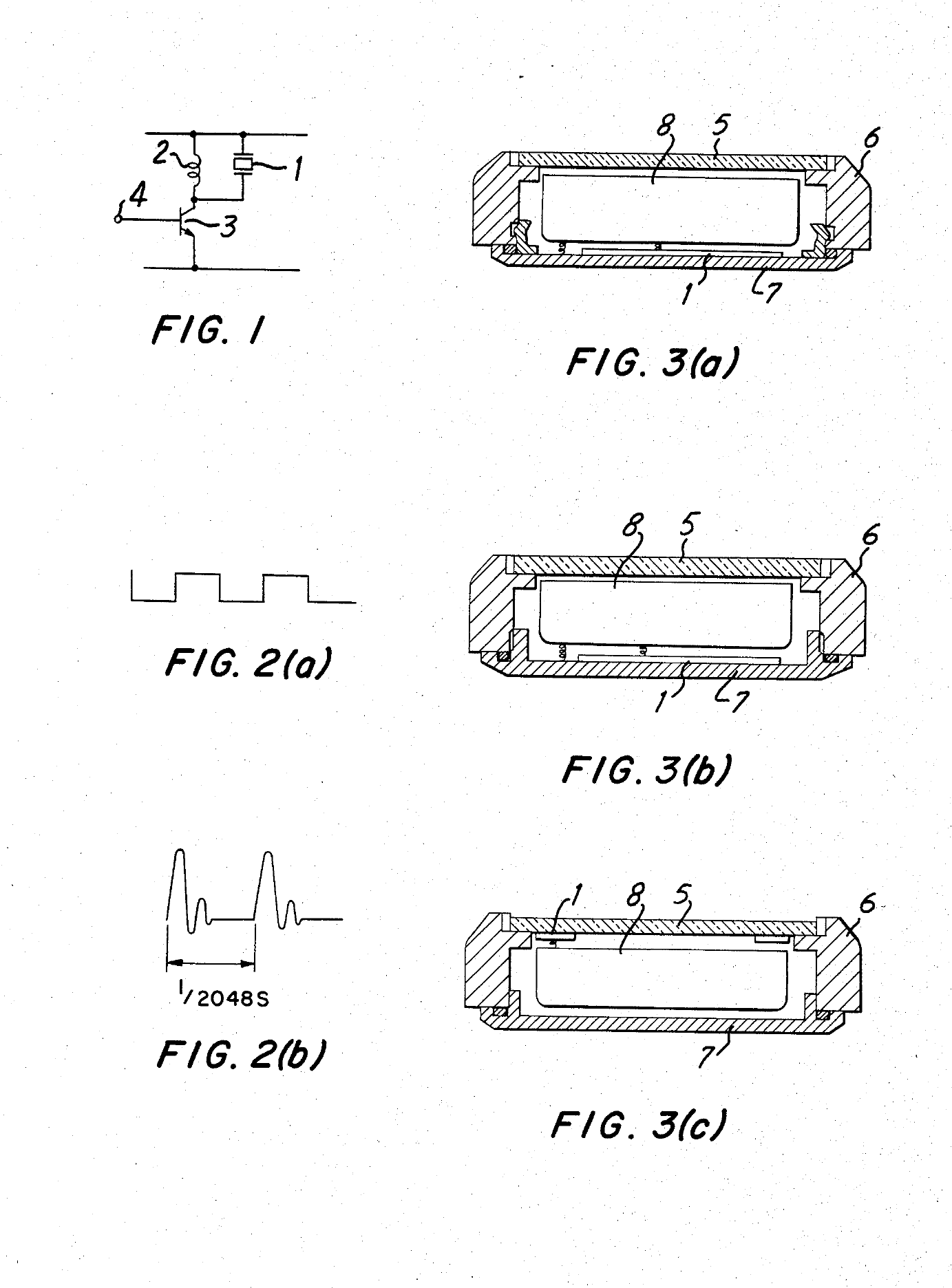 Figure 6 — Seiko's patent US 4,526,477 (1985): the buzzer's drive circuit (fig. 1), its waveforms (fig. 2) and three ways of mounting the piezo disc in the case back (fig. 3).