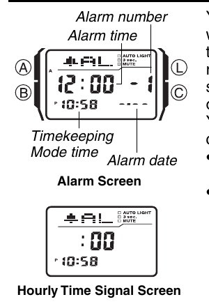 Figure 6 — The alarm screen (alarm number, time and date) and the Hourly Time Signal screen, :00.