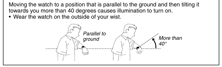 Figure 8 — The auto light switch: hold the watch level, then tilt it towards you by more than 40°.