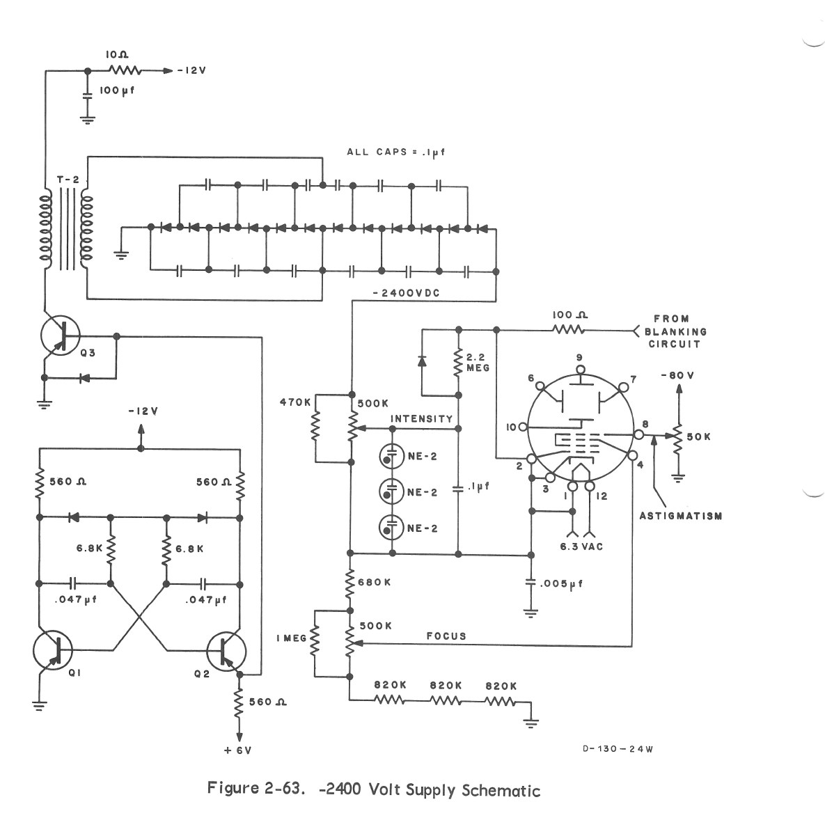 Figure 13 — Friden's −2,400 V supply: the Q1–Q2 multivibrator, Q3 driving transformer T-2, the two multiplier ladders ("all caps 0.1 µF"), and the tube with its INTENSITY, FOCUS and ASTIGMATISM controls, the t…