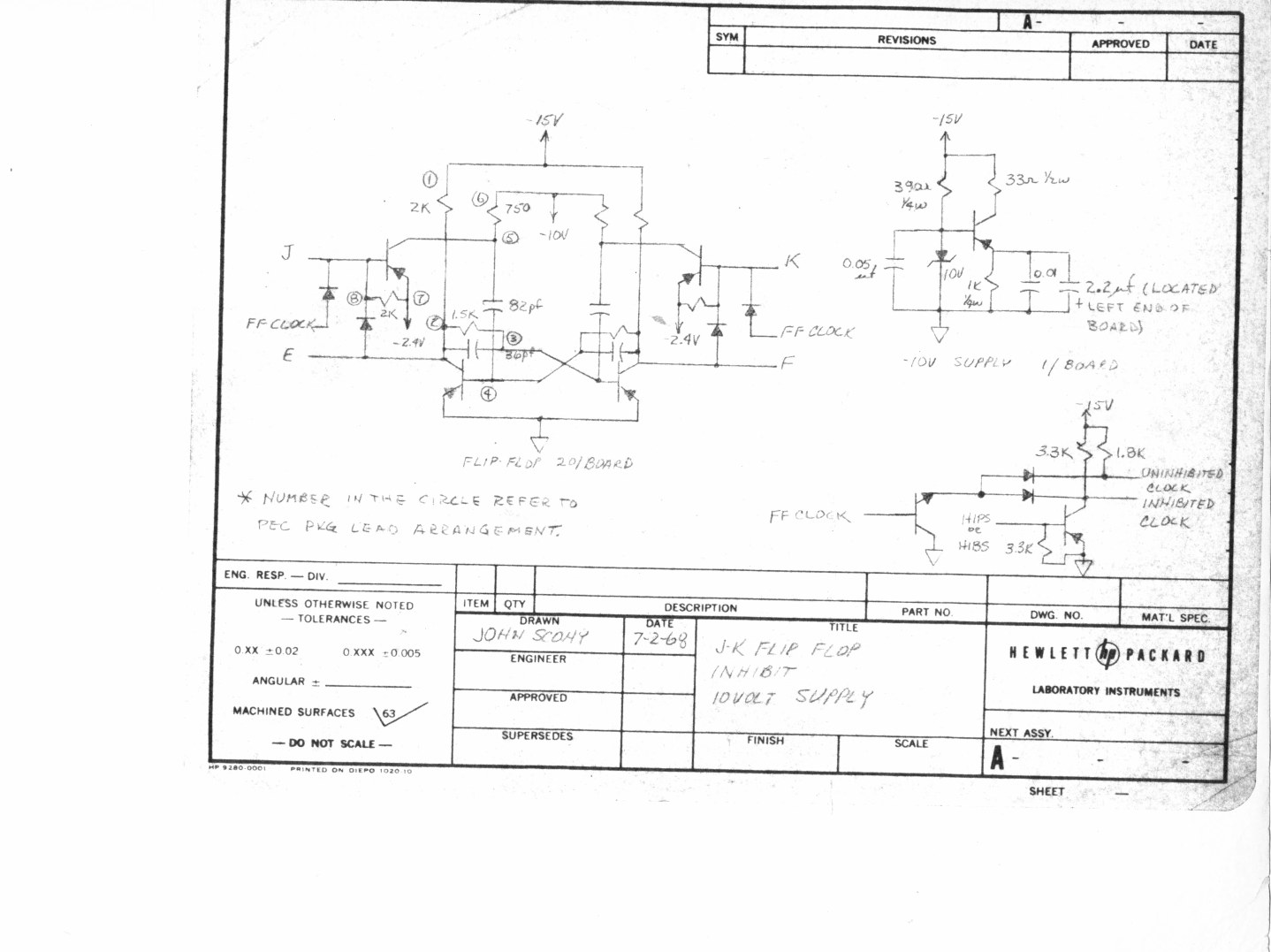 Figure 2 — From Hewlett-Packard's 9100B schematics: the J-K flip-flop, inhibit and 10 V supply circuits, the building block repeated 40 times in the machine.
