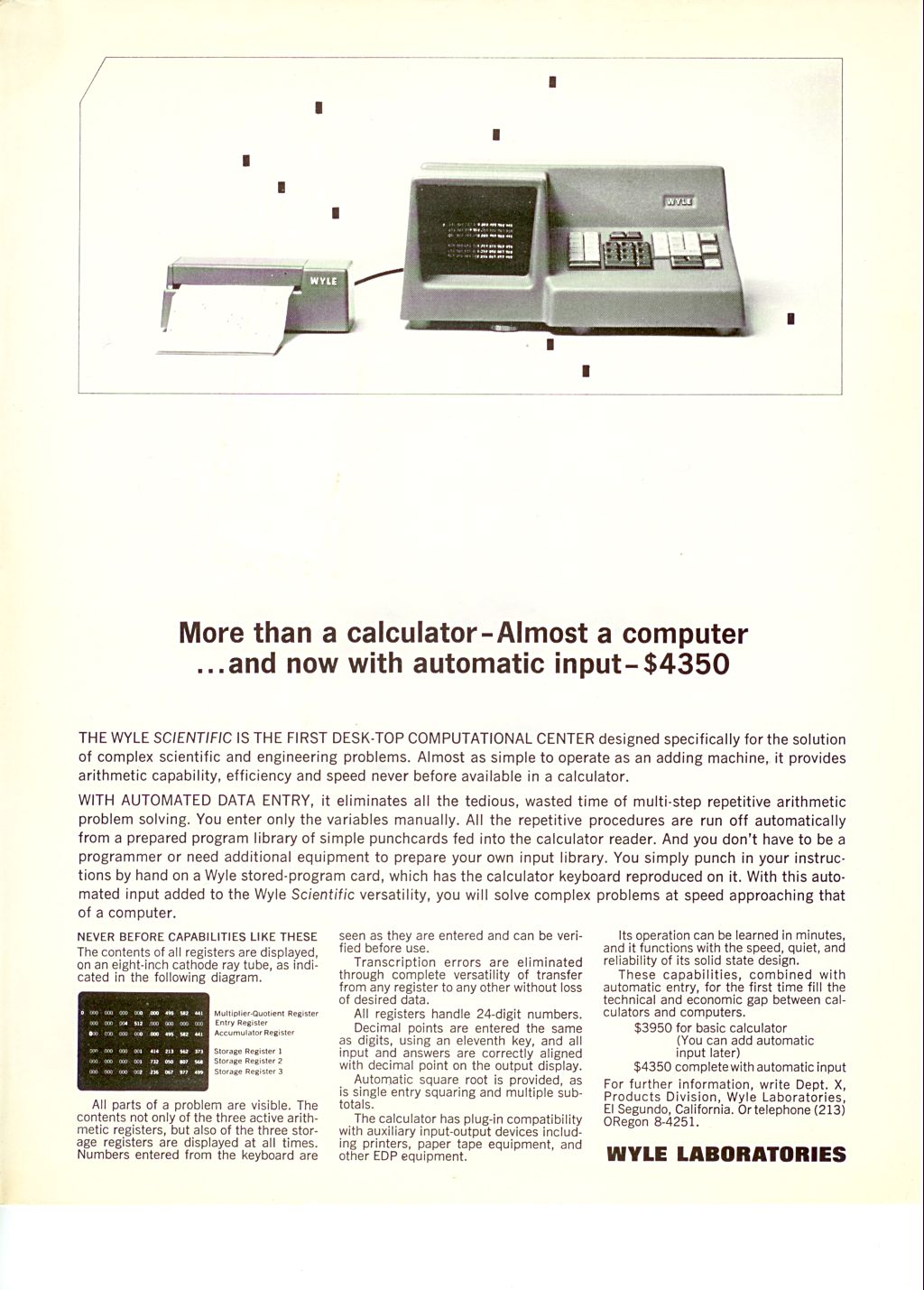 Figure 2 — Wyle Laboratories' advertisement for the Scientific: "More than a calculator … almost a computer".