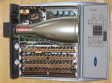 Figure 3 — The original's layout from above: the long 5-inch tube across the cabinet, the logic boards below it, the keyboard at the front. A reproduction with a 7 cm tube needs far less depth.