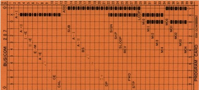 Figure 8 — A Busicom 207 program card. Programs run directly from the card, which the reader moves back and forth to branch.