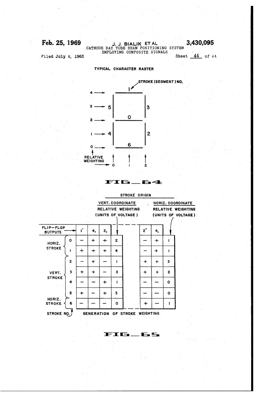 Figure 5 — The patent's own drawing: a "typical character raster" with its stroke numbers and relative weightings, and the table that generates the stroke weightings from the segment flip-flops.