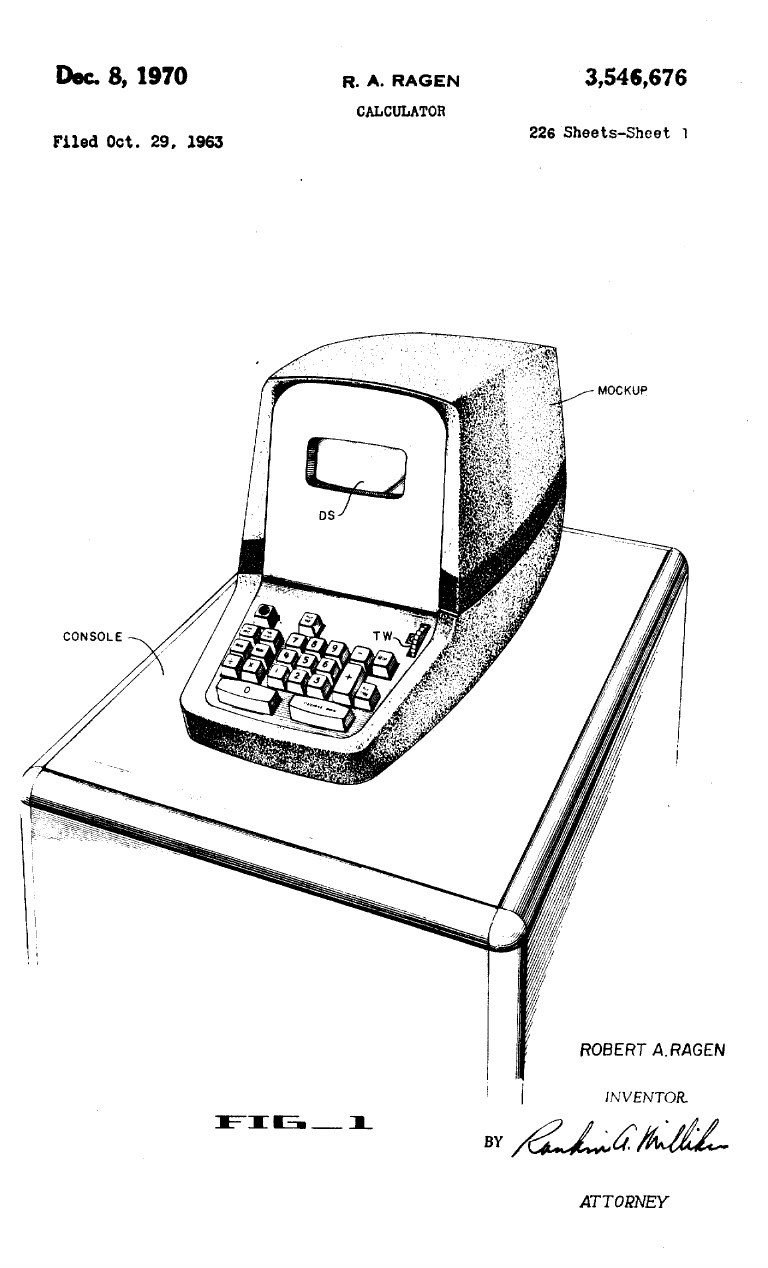 Figure 17 — Sheet 1 of Ragen's master patent, US 3,546,676, filed 29 October 1963: the calculator as Friden imagined it, with the CRT in a raised housing above the keyboard.