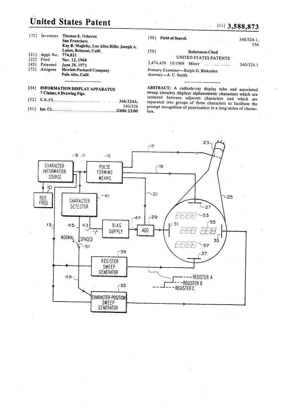 Figure 16 — Osborne, Magleby and Lukes's patent: the block diagram (character information source, pulse forming, character detector, register and character-position sweep generators, CRT) and figure 2, the fig…