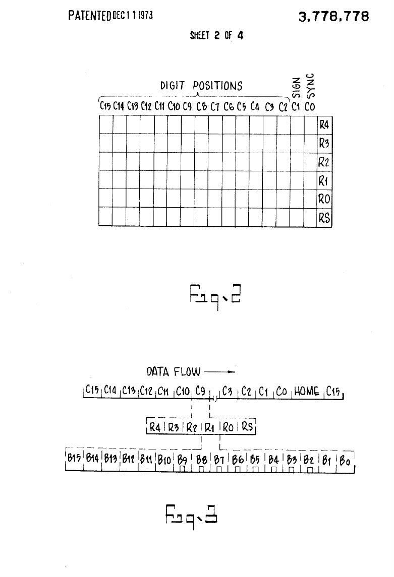 Figure 14 — Ragen's patent drawing of the digit positions and the data flow: the columns, the bit positions within each digit, and the order in which they pass.
