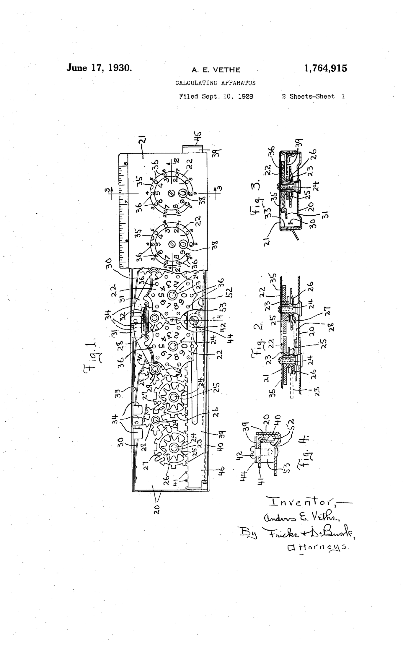Figure 2 — Anders E. Vethe's "Calculating apparatus", US patent 1,764,915 (granted 17 June 1930), sheet 1: the Addometer.
