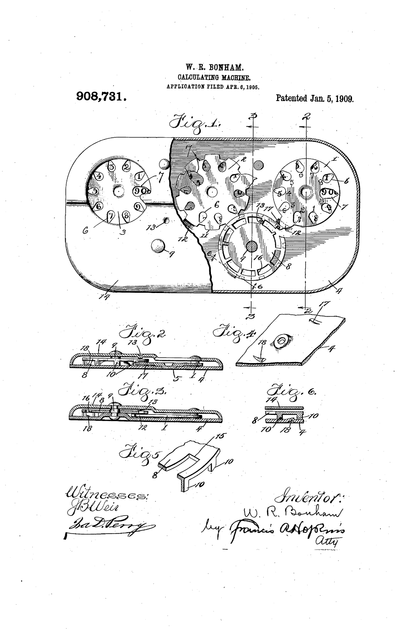 Figure 12 — Bonham's second patent, US 908,731 of 5 January 1909, covering the carrier disks that pass the tens carry between dials.
