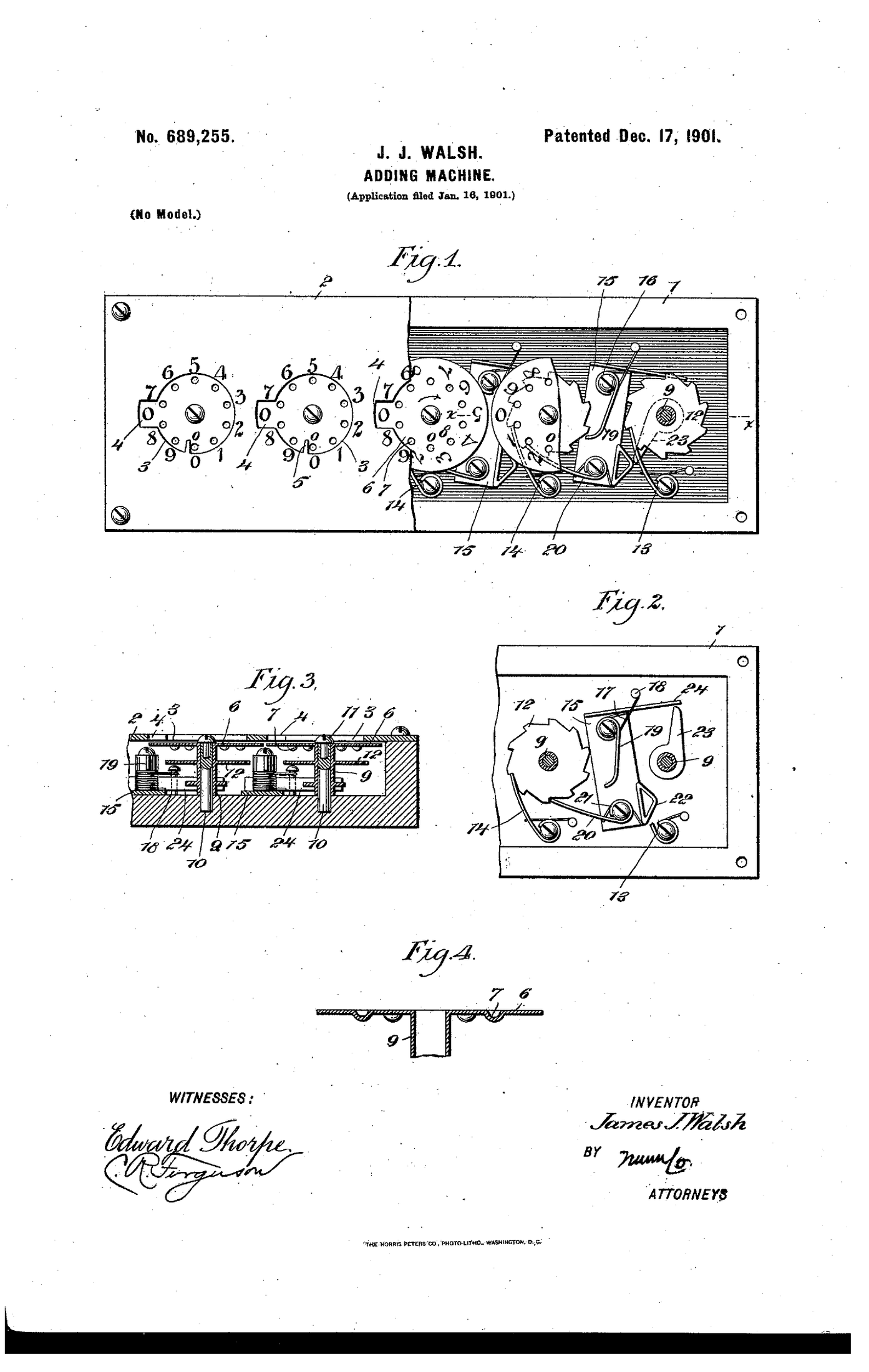 Figure 10 — James J. Walsh's Calcumeter, US patent 689,255 of 17 December 1901: the row-of-dials adder in its first commercially successful form.