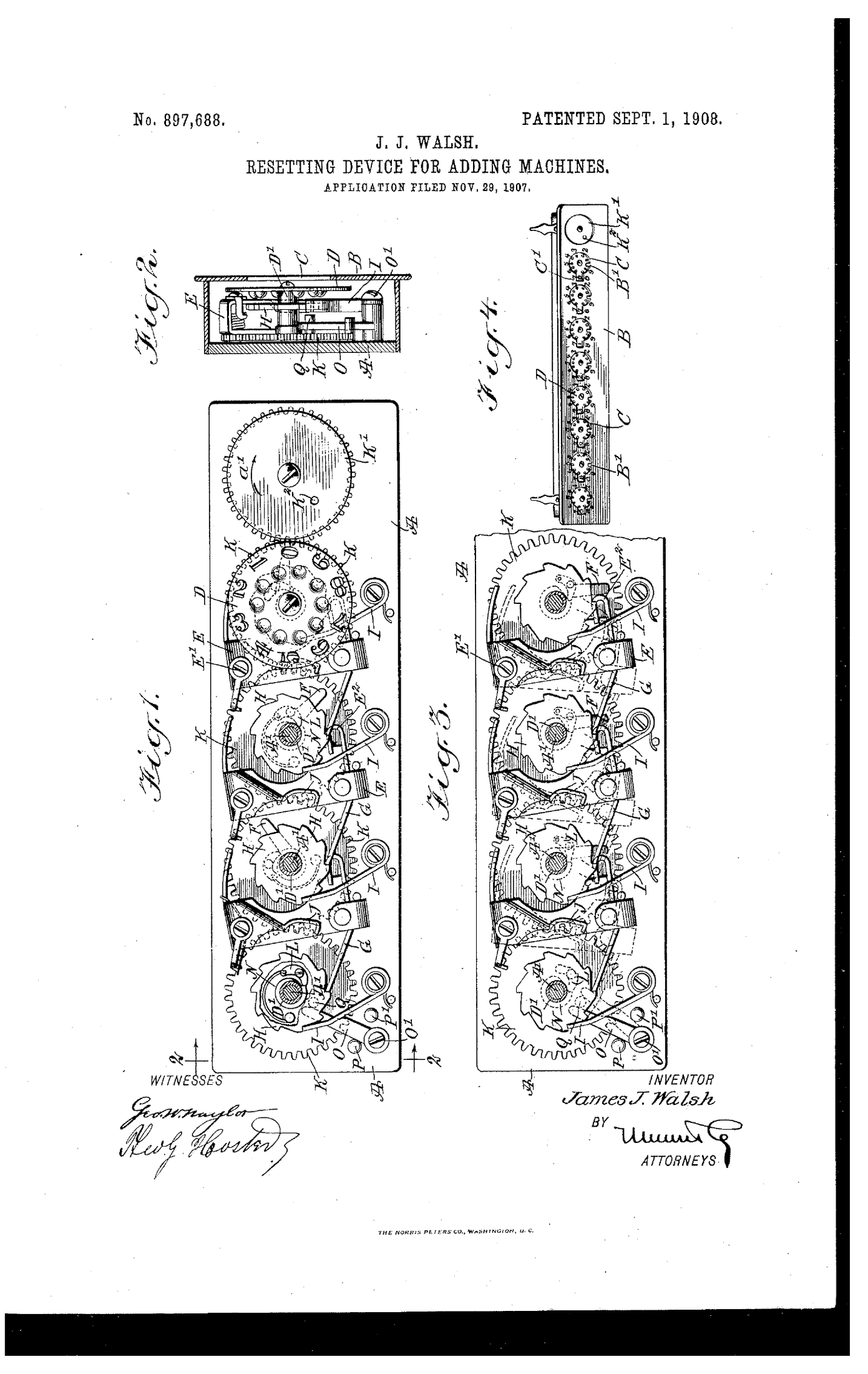 Figure 11 — Walsh's resetting device for the Calcumeter, US patent 897,688 of 1 September 1908.
