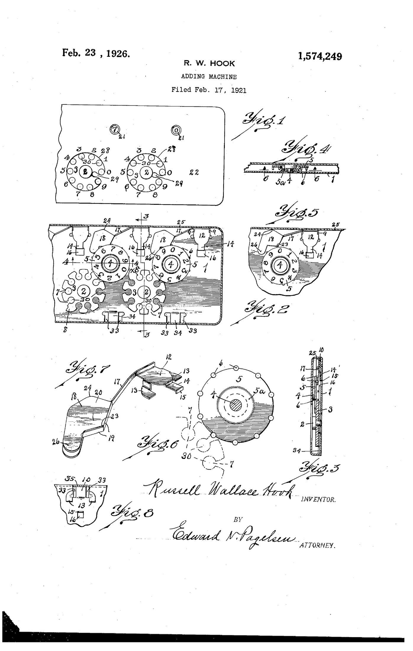 Figure 1 — The Lightning patent: Russell Wallace Hook's "Adding Machine", US patent 1,574,249, filed 17 February 1921 and granted 23 February 1926. Fig. 1 is the faceplate with its dials, stop tongues and win…