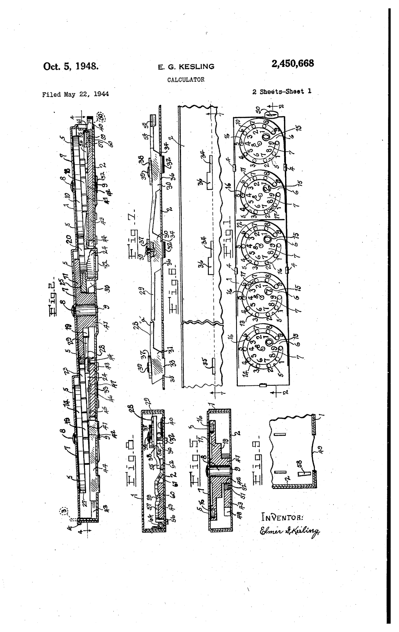 Figure 12 — Elmer G. Kesling's "Calculator", US patent 2,450,668 (granted 5 October 1948), sheet 1.