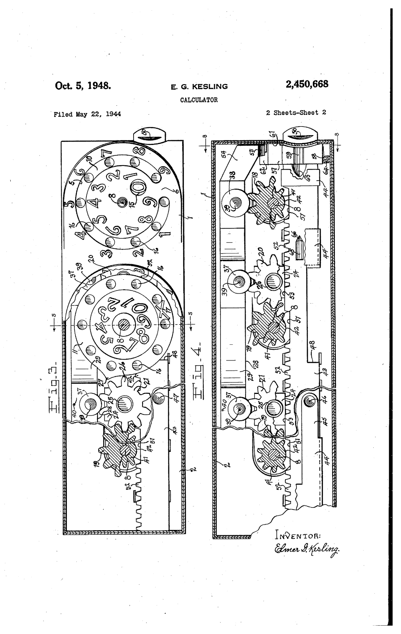 Figure 13 — Kesling's US 2,450,668, sheet 2: the dials and carry.