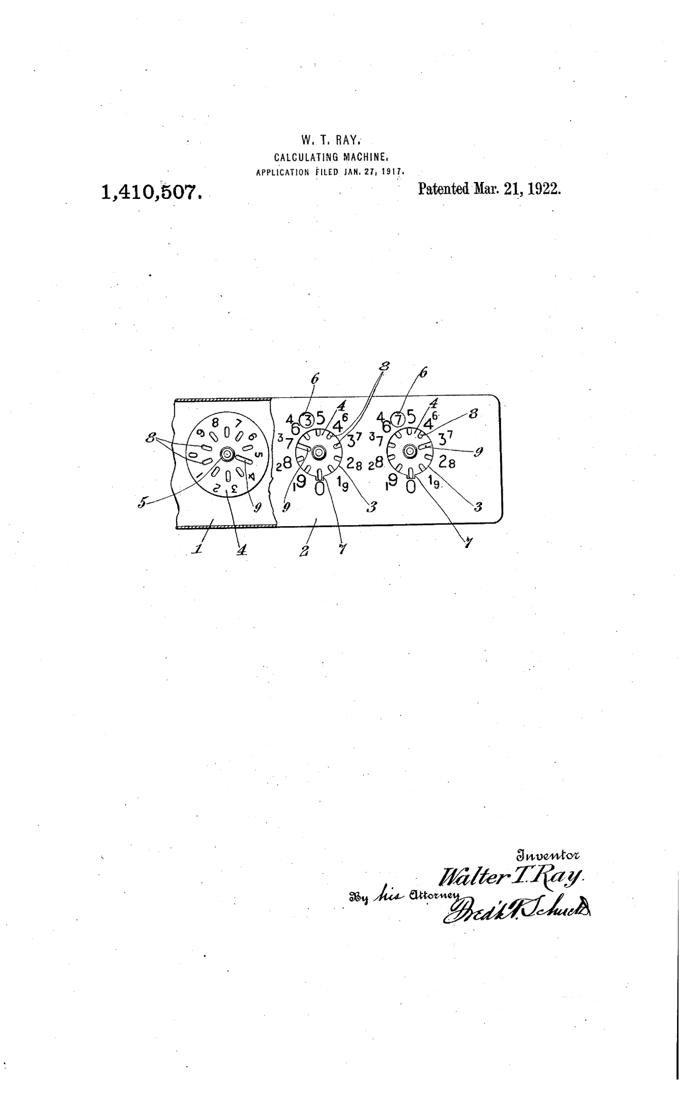 Figure 10 — Walter T. Ray's "Calculating machine", US patent 1,410,507 of 21 March 1922: the Ray Subtractor-Adder, with reversible stylus disks for adding and subtracting.