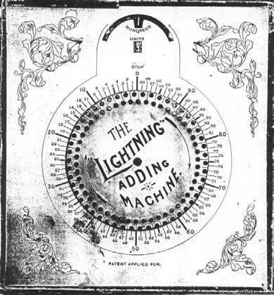 Figure 5 — "The Lightning Adding Machine" of about 1900: a concentric-wheel, Webb-type adder that shares the name but nothing else with Hook's machine.