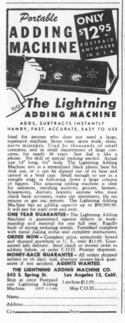 Figure 15 — The Los Angeles relaunch: "Portable Adding Machine, only $12.95", Saturday Evening Post, 2 March 1946.