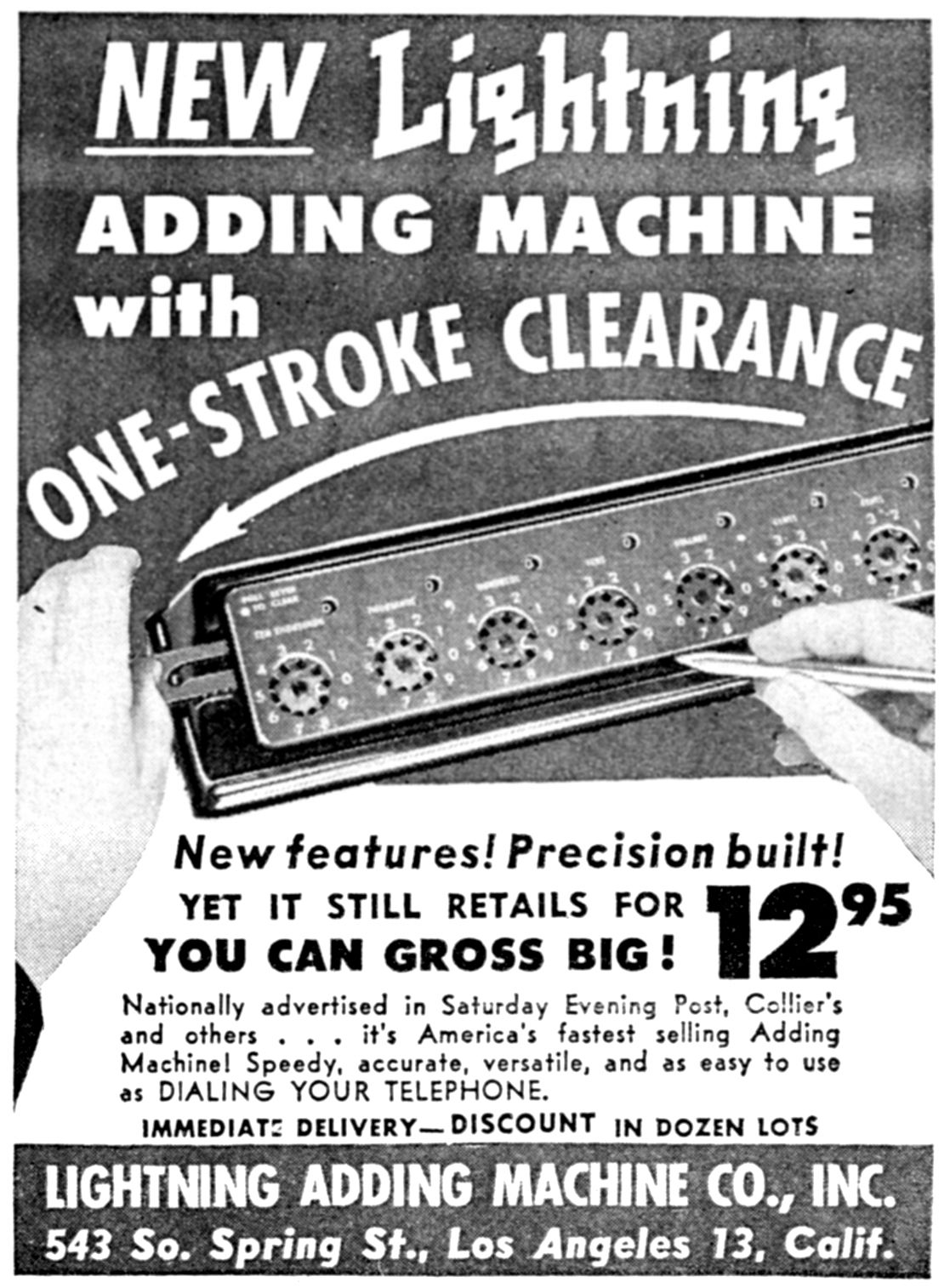 Figure 10 — December 1948: "New Lightning Adding Machine with One-Stroke Clearance… yet it still retails for $12.95". The hand at the left is pulling the new lever.