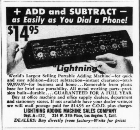 Figure 12 — "Add and Subtract — as Easily as You Dial a Phone! $14.95": the Lightning Adding Machine Sales Company, 234 W. 37th Place, Los Angeles 7, in Newsweek, 14 December 1953.