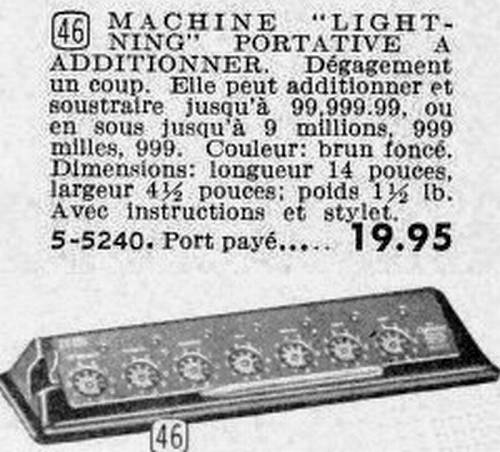 Figure 14 — Eaton's of Canada, autumn–winter catalogue 1950–51, item 46: "Machine Lightning portative à additionner", in dark brown (brun foncé), C$19.95 post paid.