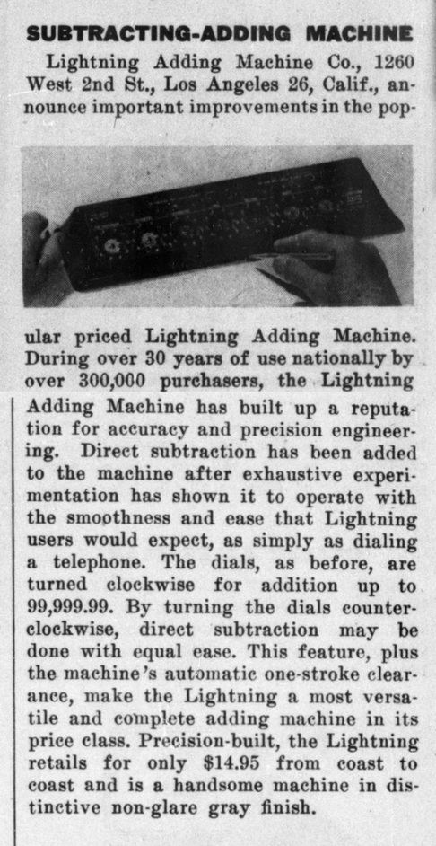 Figure 11 — "Subtracting-Adding Machine": the trade notice announcing direct subtraction, the $14.95 price and the "non-glare gray finish", from the Lightning Adding Machine Co. at 1260 West 2nd Street, Los An…