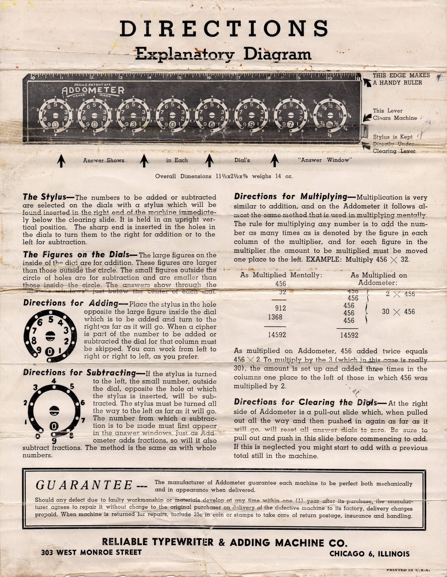 Figure 7 — The Addometer's "Directions — Explanatory Diagram" sheet, from the Reliable Typewriter & Adding Machine Co., 303 West Monroe Street, Chicago: adding, subtracting, multiplying and clearing.