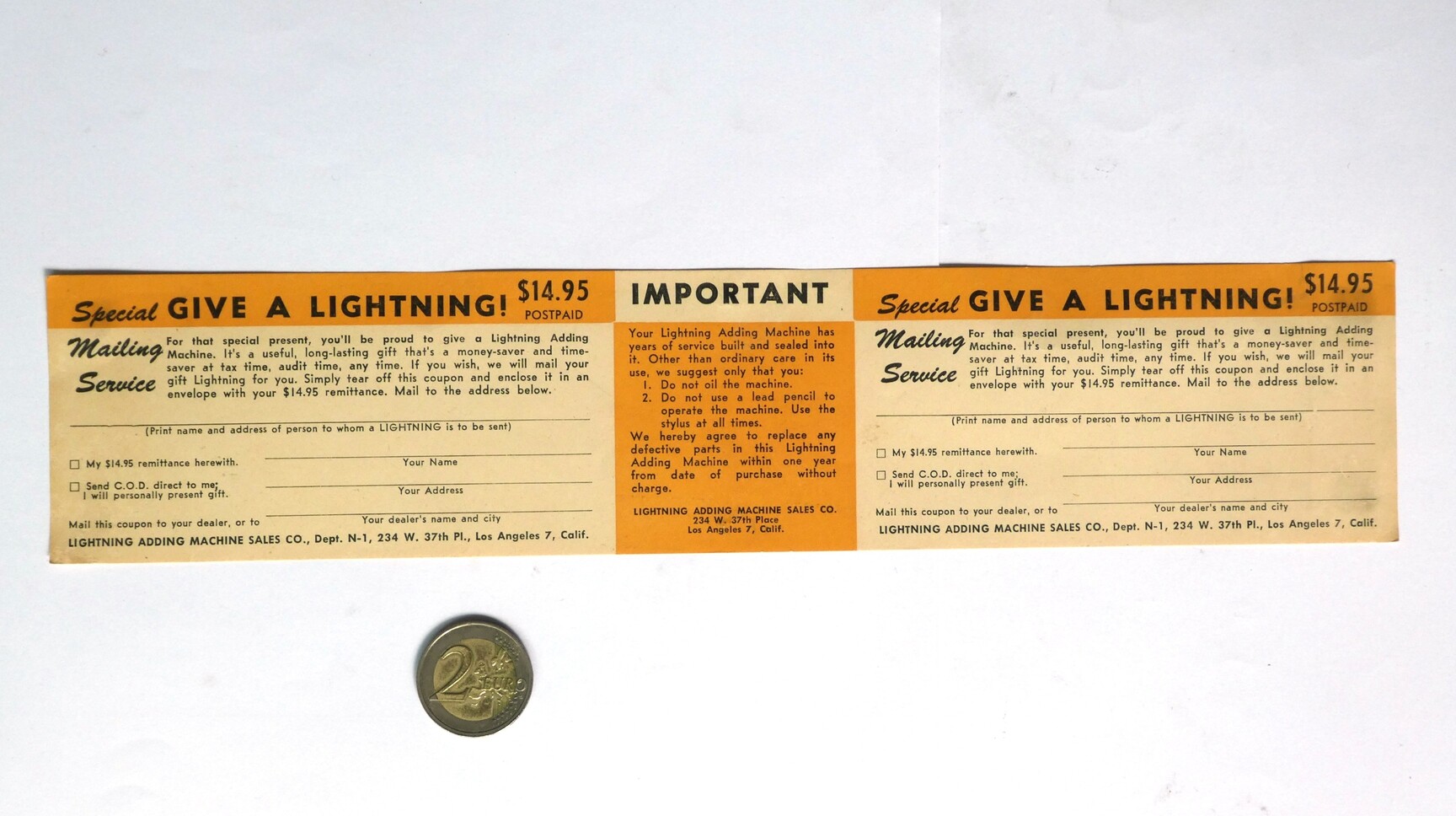 Figure 2 — The order slip packed with late Lightnings: "Special Mailing Service — GIVE A LIGHTNING! $14.95", with the "Important" panel: do not oil, do not use a lead pencil, and one year's free replacement o…