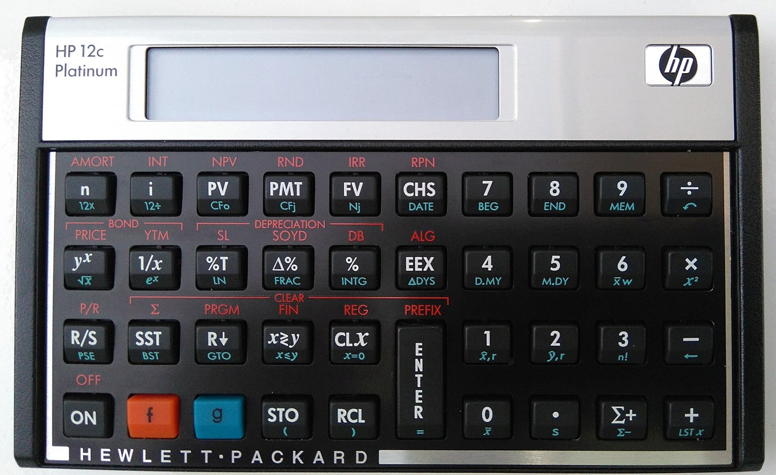 Figure 5 — The HP 12C Platinum of 2003: the same layout on a silver face, with an algebraic mode beside RPN.