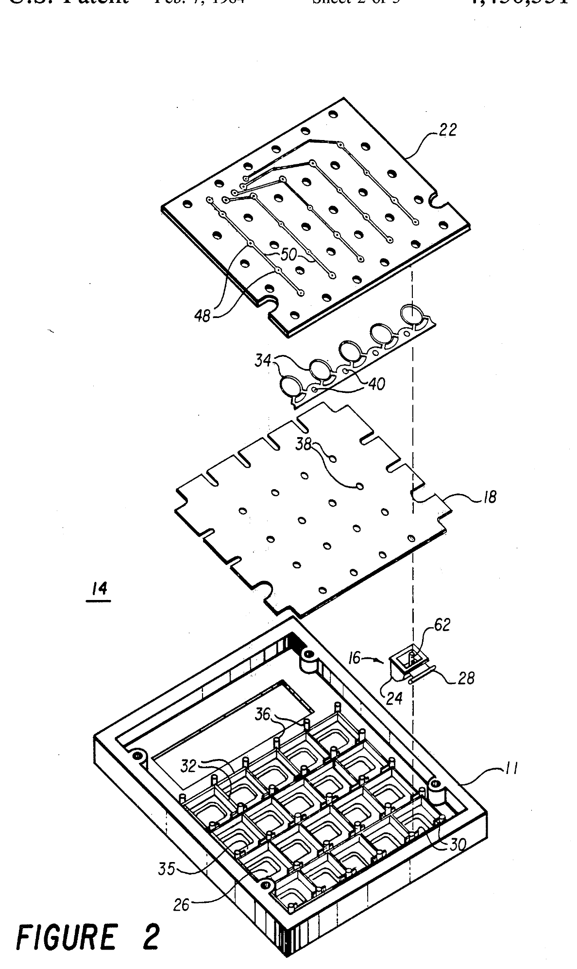 Figure 4 — The Voyager keyboard in HP's patent US 4,430,531, "Snap disc keyboard" (filed 1982): the key plate, the sheet of snap discs and the circuit board.
