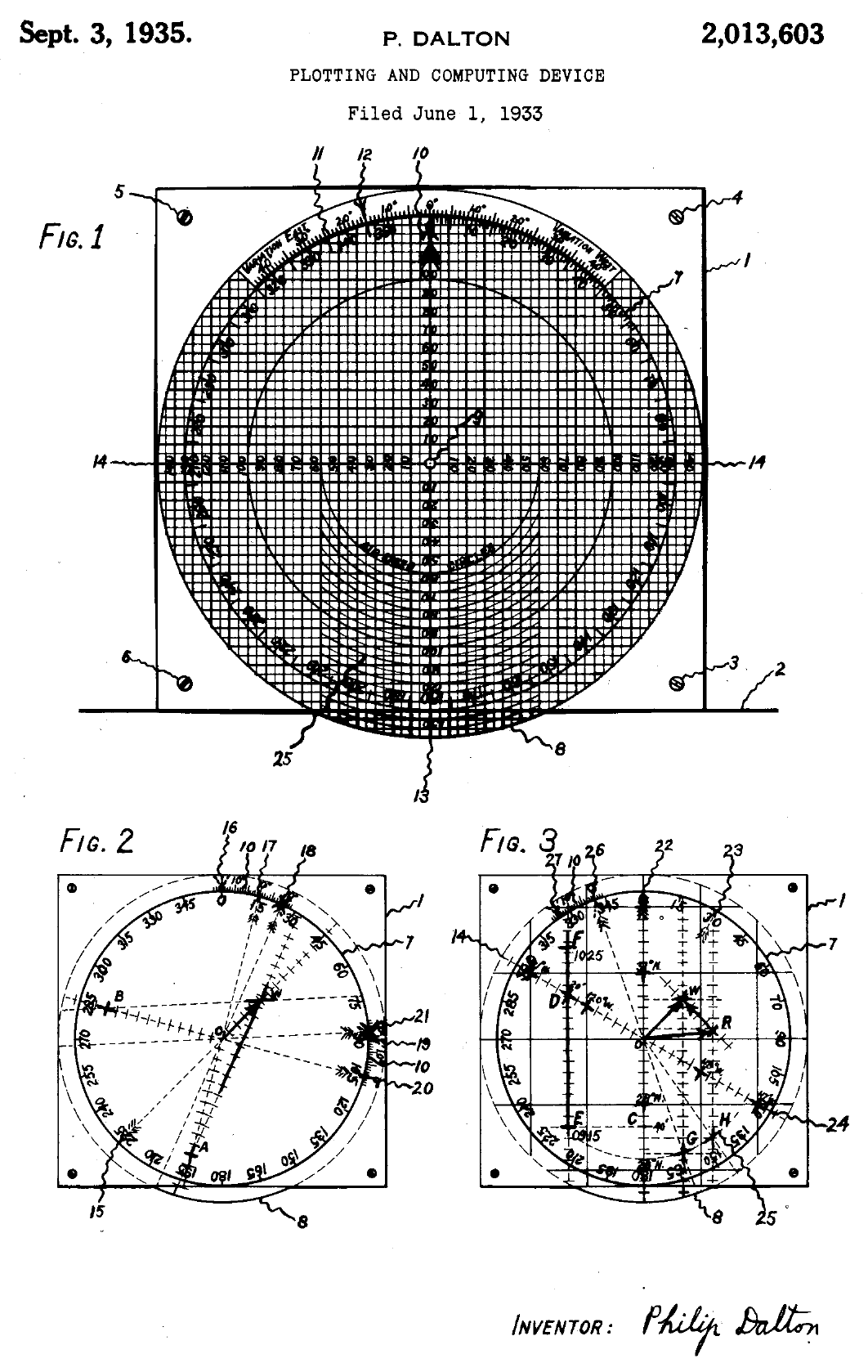 Figure 2 — Dalton's patent US 2,013,603, "Plotting and computing device" (filed 1933, granted 1935): a transparent compass plate over a rotating disc with a grid and airspeed arcs, to solve drift problems wit…