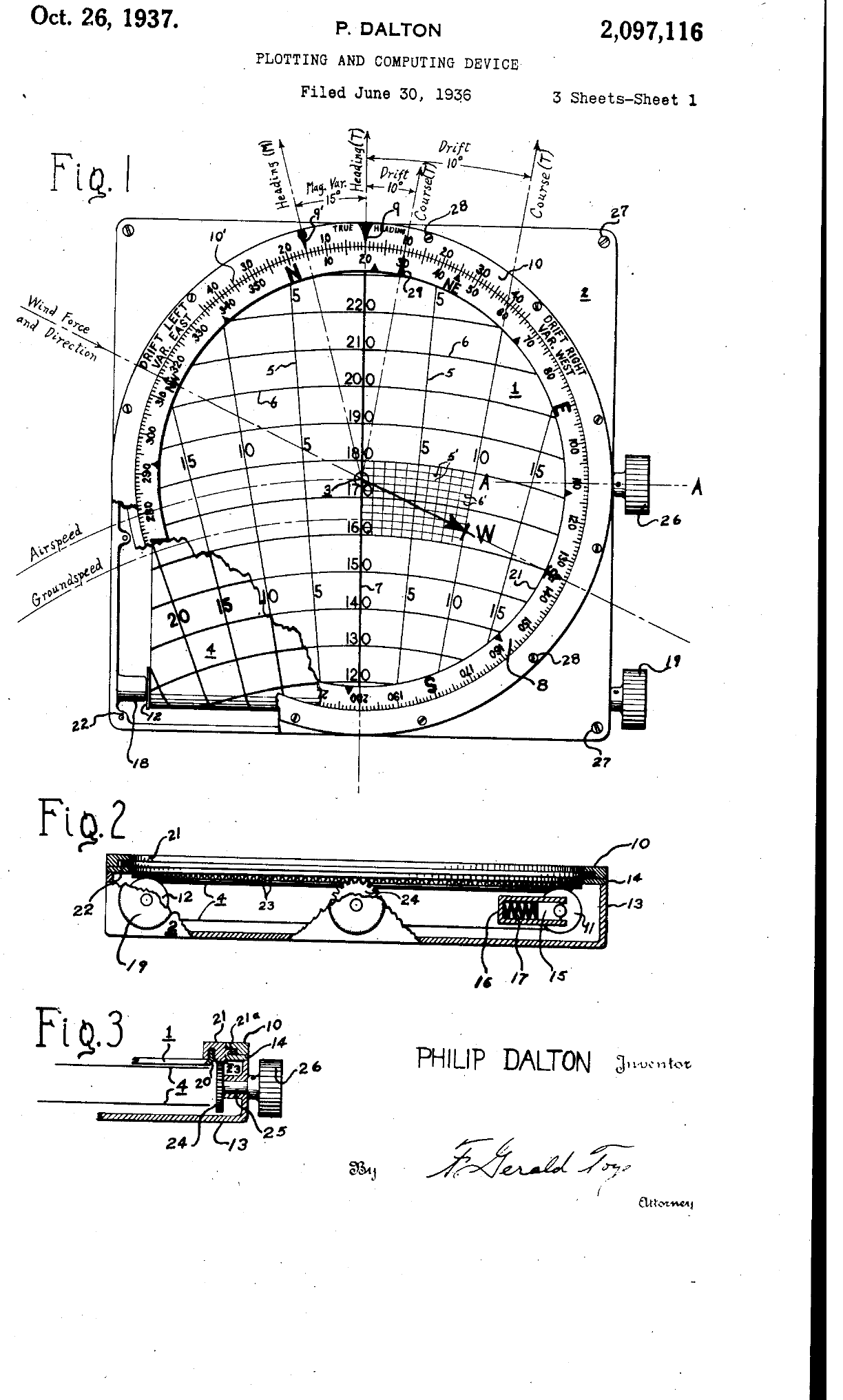 Figure 4 — Dalton's patent US 2,097,116 (granted 1937), the patent marked on wartime E-6Bs: the rotating plotting disc and the chart strip that runs on rollers beneath it.