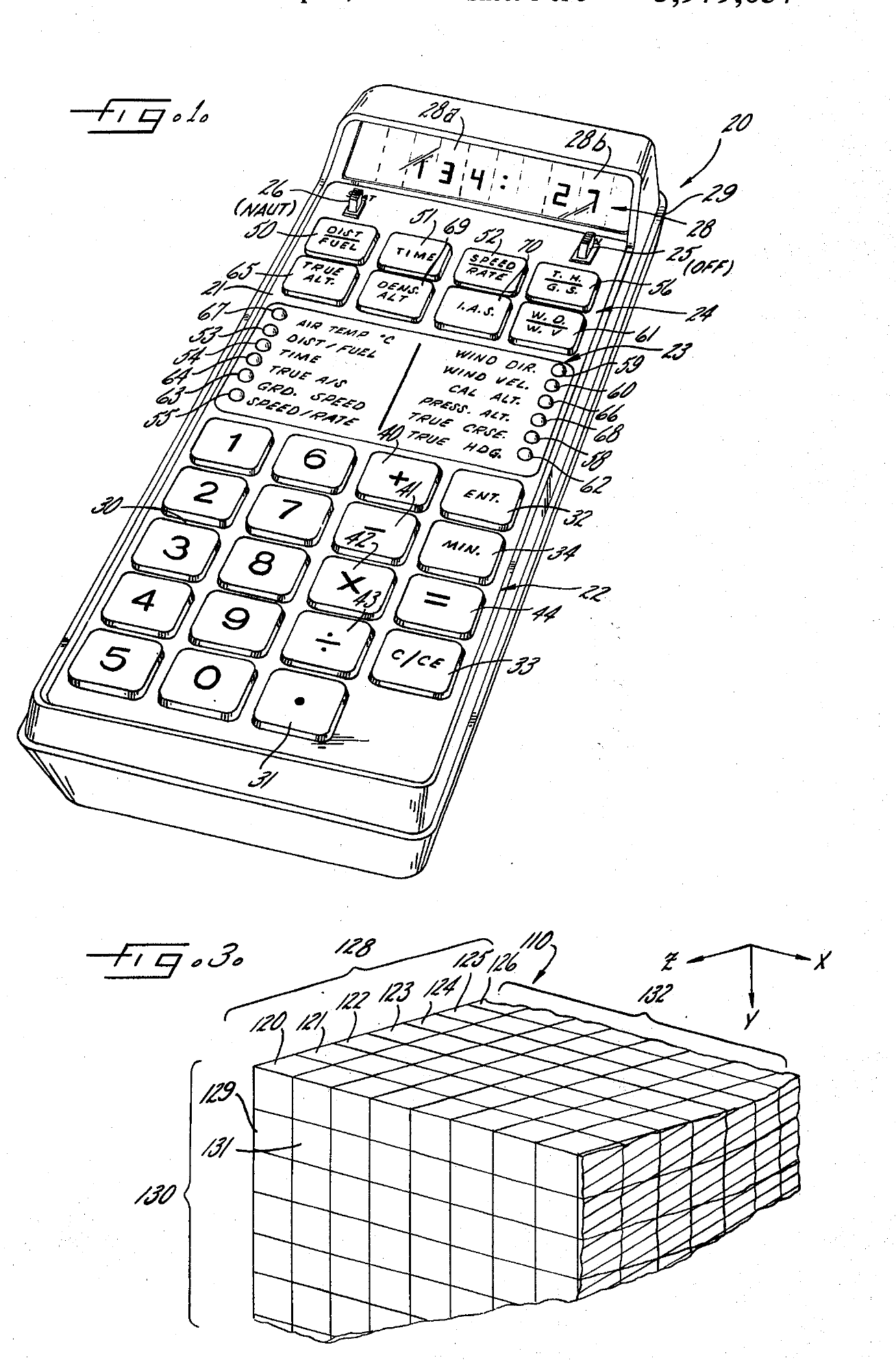 Figure 2 — The electronic navigational computer of patent US 3,979,057 (filed 1974): the keyboard with its program keys and prompt lamps (fig. 1), and the program memory (fig. 2).