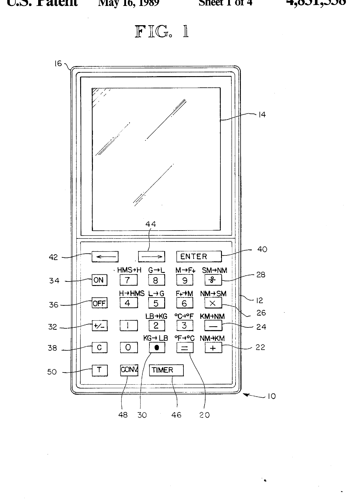 Figure 4 — ASA's patent US 4,831,538 (filed 1986): a flight computer with a menu of functions on its display, chosen with arrow keys, and prompted inputs.