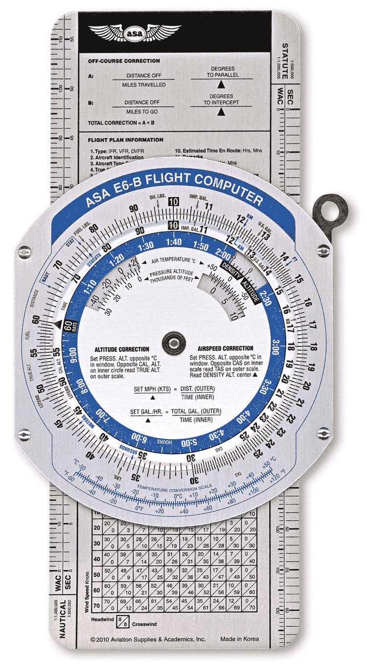 Figure 4 — ASA's E6B, with the wind side's compass ring and the card of speed arcs and drift lines.
