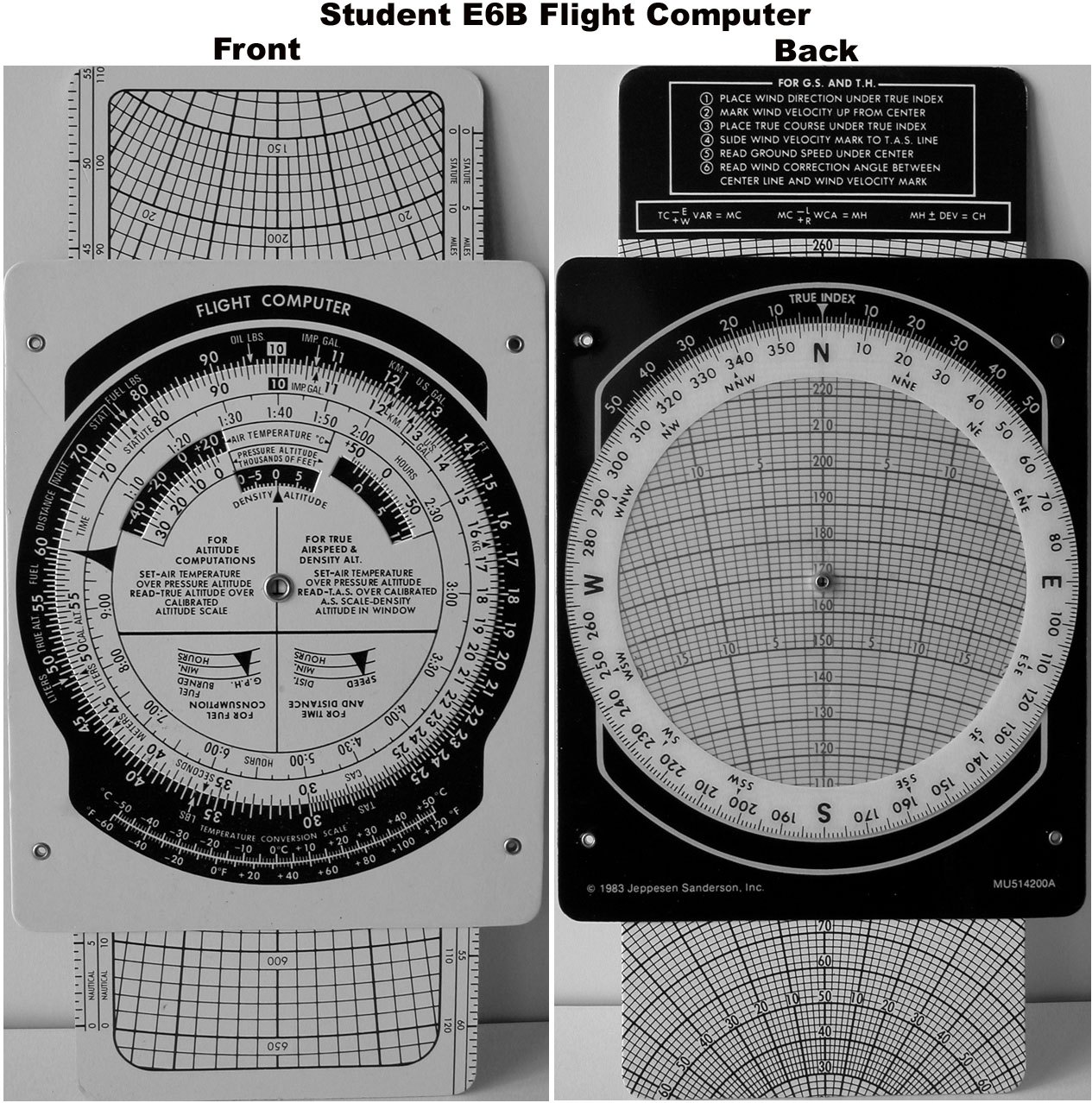 Figure 3 — A student E6B, front and back: the calculator side with its windows, and the wind side with its compass ring and sliding grid of speed arcs and drift lines.