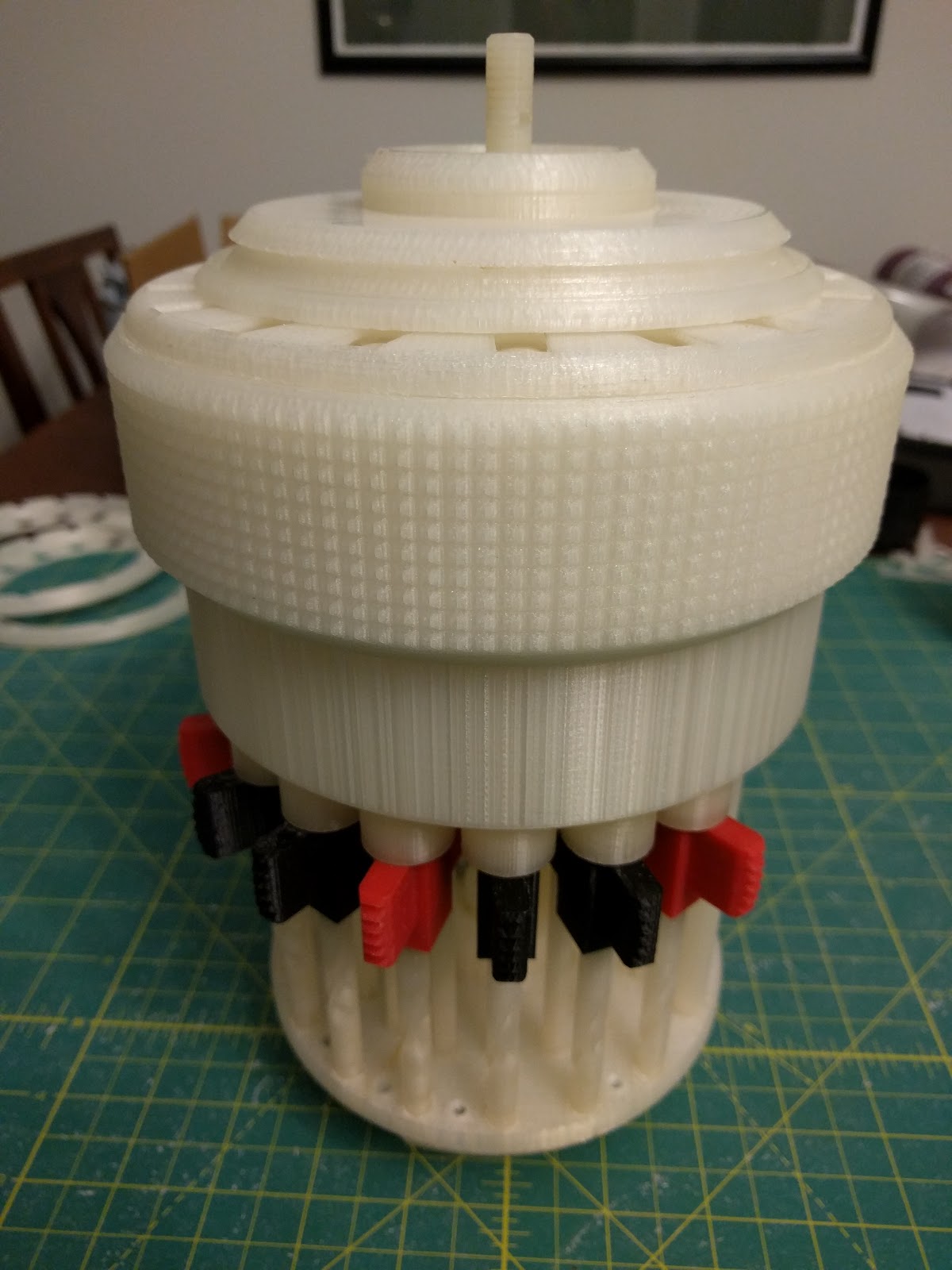 Figure 2 — The machine substantially assembled on the bench, before painting and lettering. The red and black slide markers are printed parts.