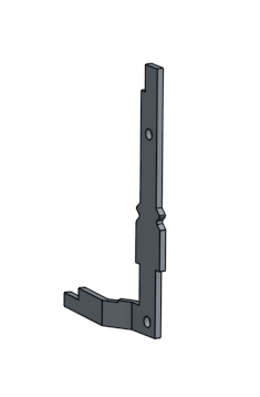 Figure 5 — A carry lever in CAD. In the real machine this part is a few millimetres long; at 3:1 it is an object that can be held and watched.