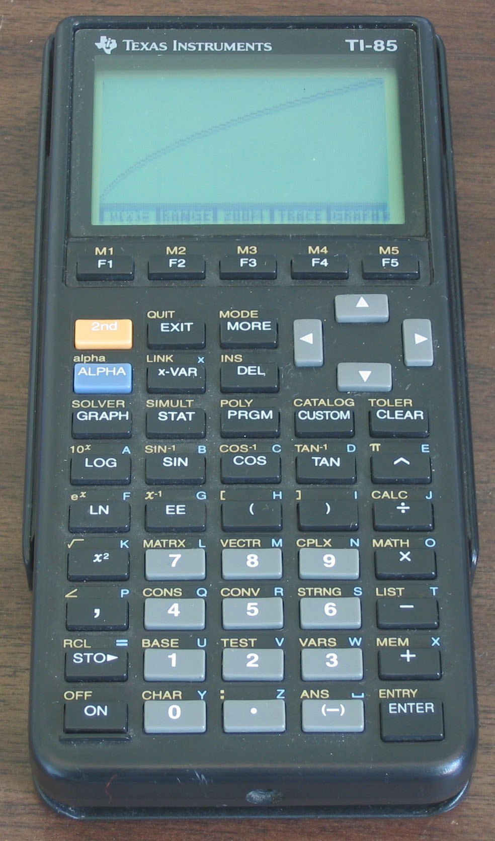 Figure 10 — The TI-85 of 1992, TI's calculator for calculus and engineering, with a wider 128 × 64 screen and a row of soft keys under it.