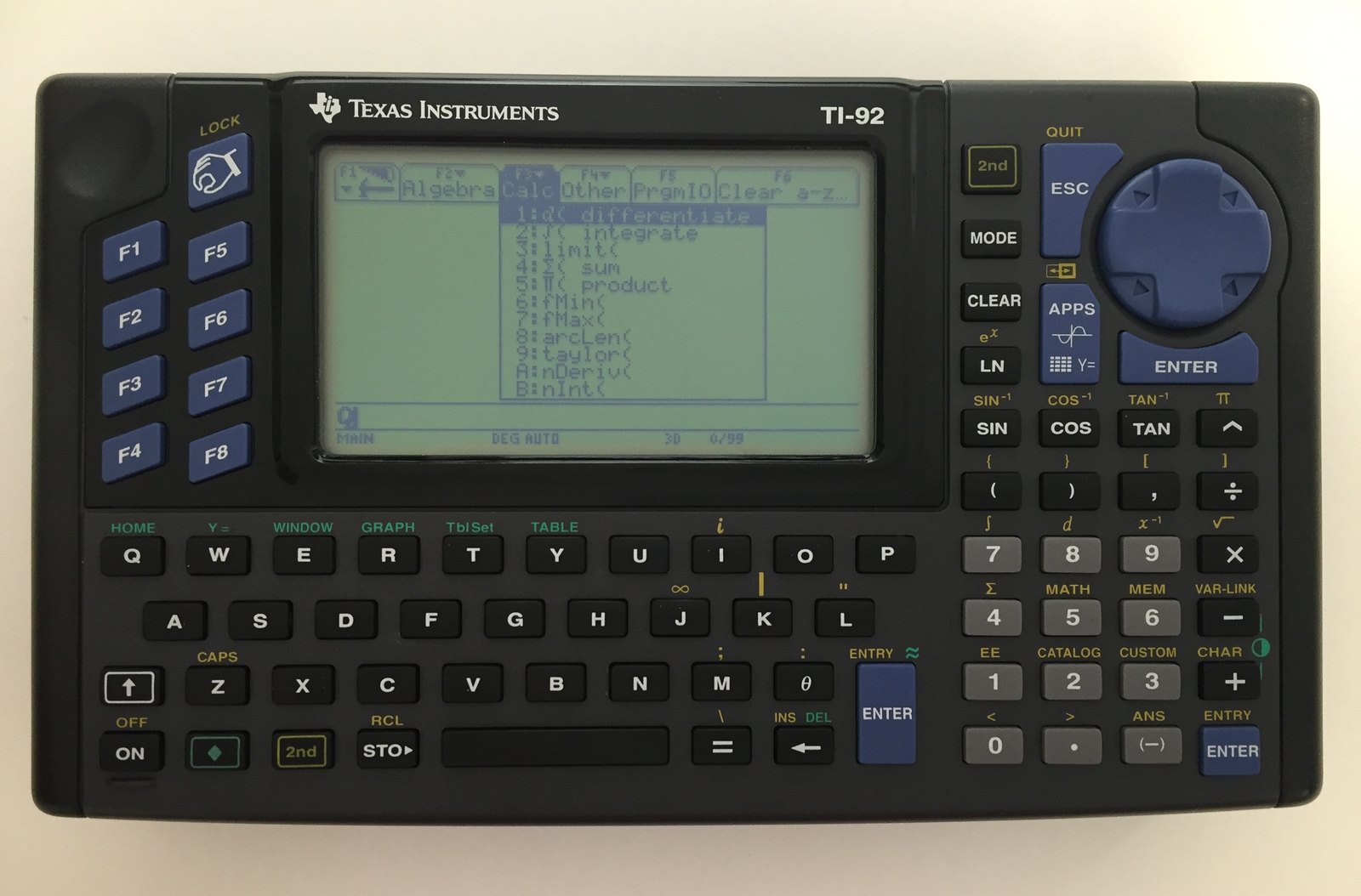 Figure 11 — The TI-92 of 1995, TI's first calculator with symbolic algebra, with a QWERTY keyboard and a 240 × 128 screen.